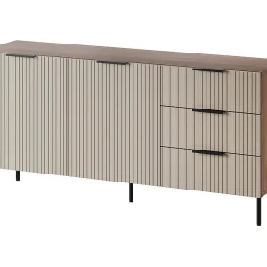 Dressoir Monzun, 3 lades, 156x42x75h cm, walnootbruin, buffetkast, 2 legplanken, draaideur, schuifbaar