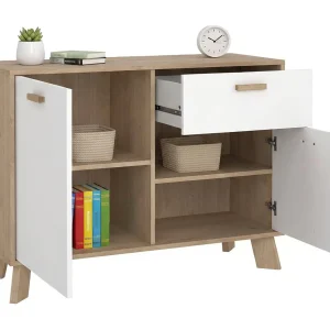 Drinco dressoir, Woonkamerbuffet, Woonkamerdressoir, Keukenkast, 99×39 h73 cm, Eiken en Wit Drinco dressoir, Woonkamerbuffet, Woonkamerdressoir, Keukenkast, 99×39 h73 cm, Eiken en Wit