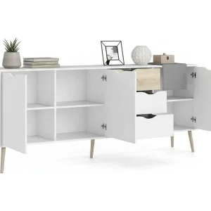Dressoir met drie deuren en drie laden, wit en eikenkleur, afmetingen 195 x 81 x 39 cm Dressoir met drie deuren en drie laden, wit en eikenkleur, afmetingen 195 x 81 x 39 cm