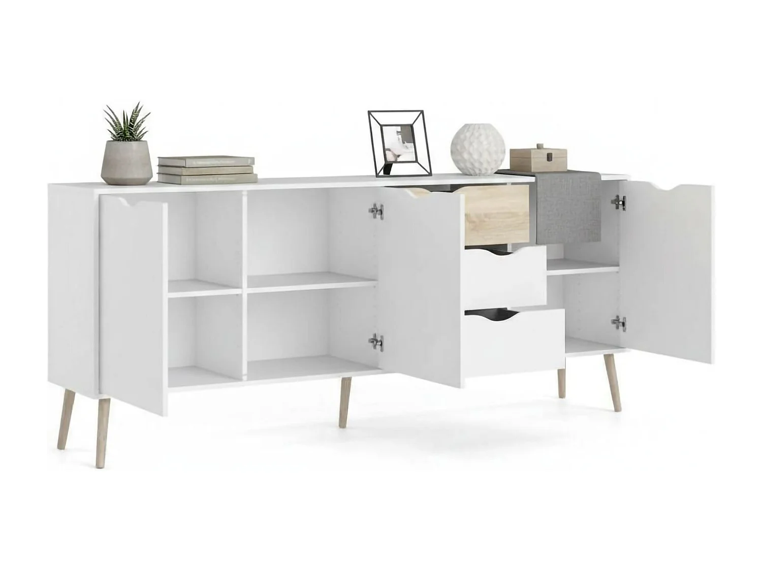 Dressoir met drie deuren en drie laden, wit en eikenkleur, afmetingen 195 x 81 x 39 cm