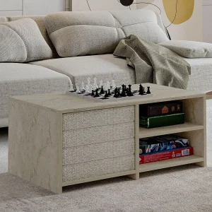 Elegante Houten Salontafel "Gord" – Travertin Afwerking – 90 x 45 x 44 cm Elegante Houten Salontafel "Gord" – Travertin Afwerking – 90 x 45 x 44 cm