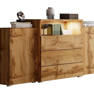 Dressoir 150 cm mat voor woonkamer – modern staand met 3 lades, kasten met LED eiken wotan Dressoir 150 cm mat voor woonkamer – modern staand met 3 lades, kasten met LED eiken wotan