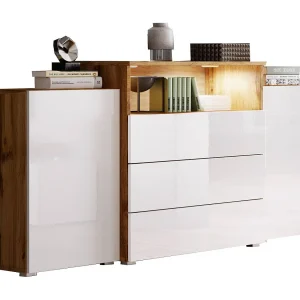 Dressoir 150 cm voor woonkamer met LED – modern staand met 3 lades, corpus eiken wotan, fronten wit hoogglans Dressoir 150 cm voor woonkamer met LED – modern staand met 3 lades, corpus eiken wotan, fronten wit hoogglans
