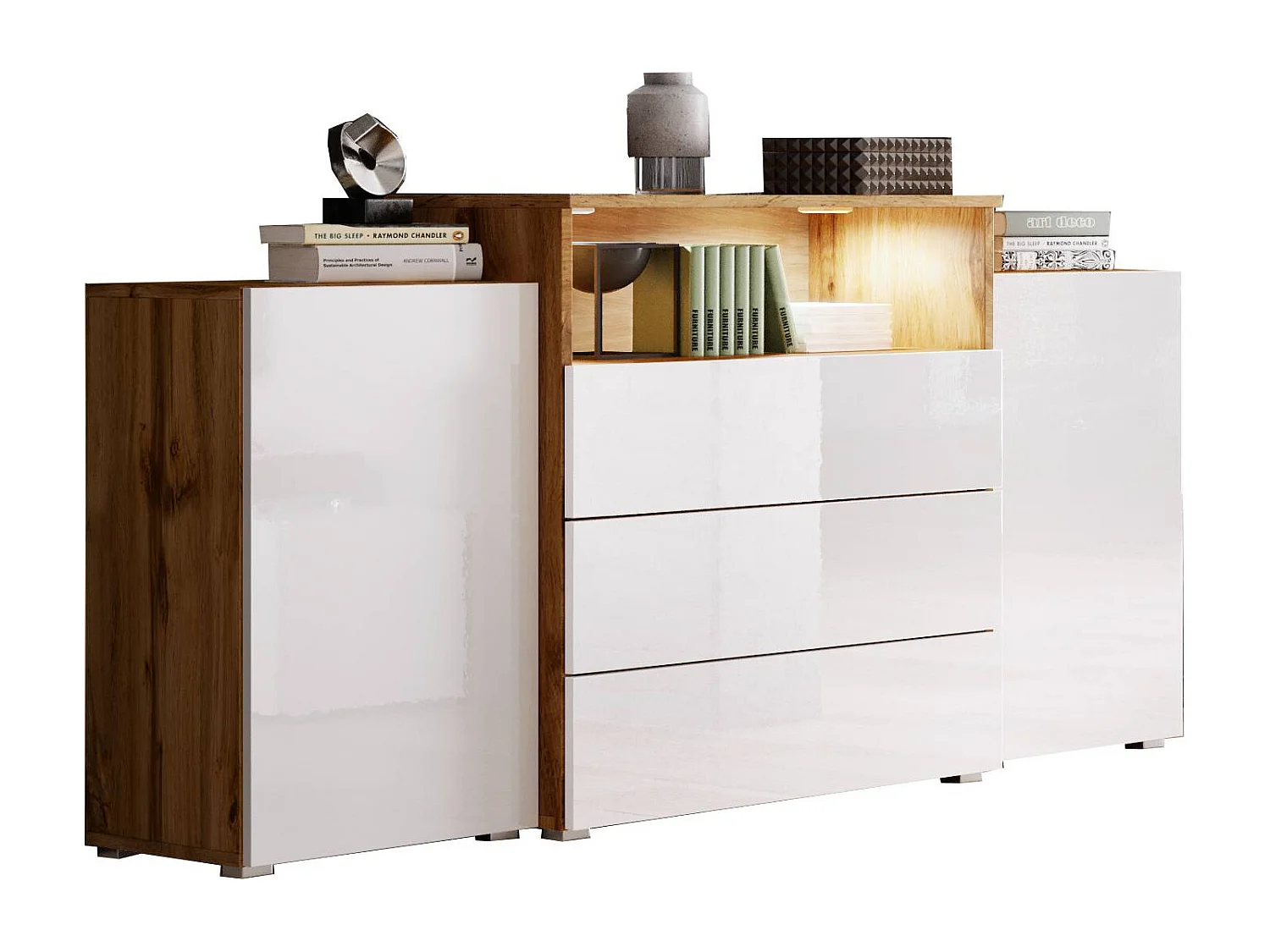 Dressoir 150 cm voor woonkamer met LED – modern staand met 3 lades, corpus eiken wotan, fronten wit hoogglans