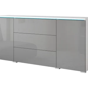 Modern dressoir 150 cm voor woonkamer 3 lades en 2 kastjes corpus wit mat en fronten grijs hoogglans Modern dressoir 150 cm voor woonkamer 3 lades en 2 kastjes corpus wit mat en fronten grijs hoogglans