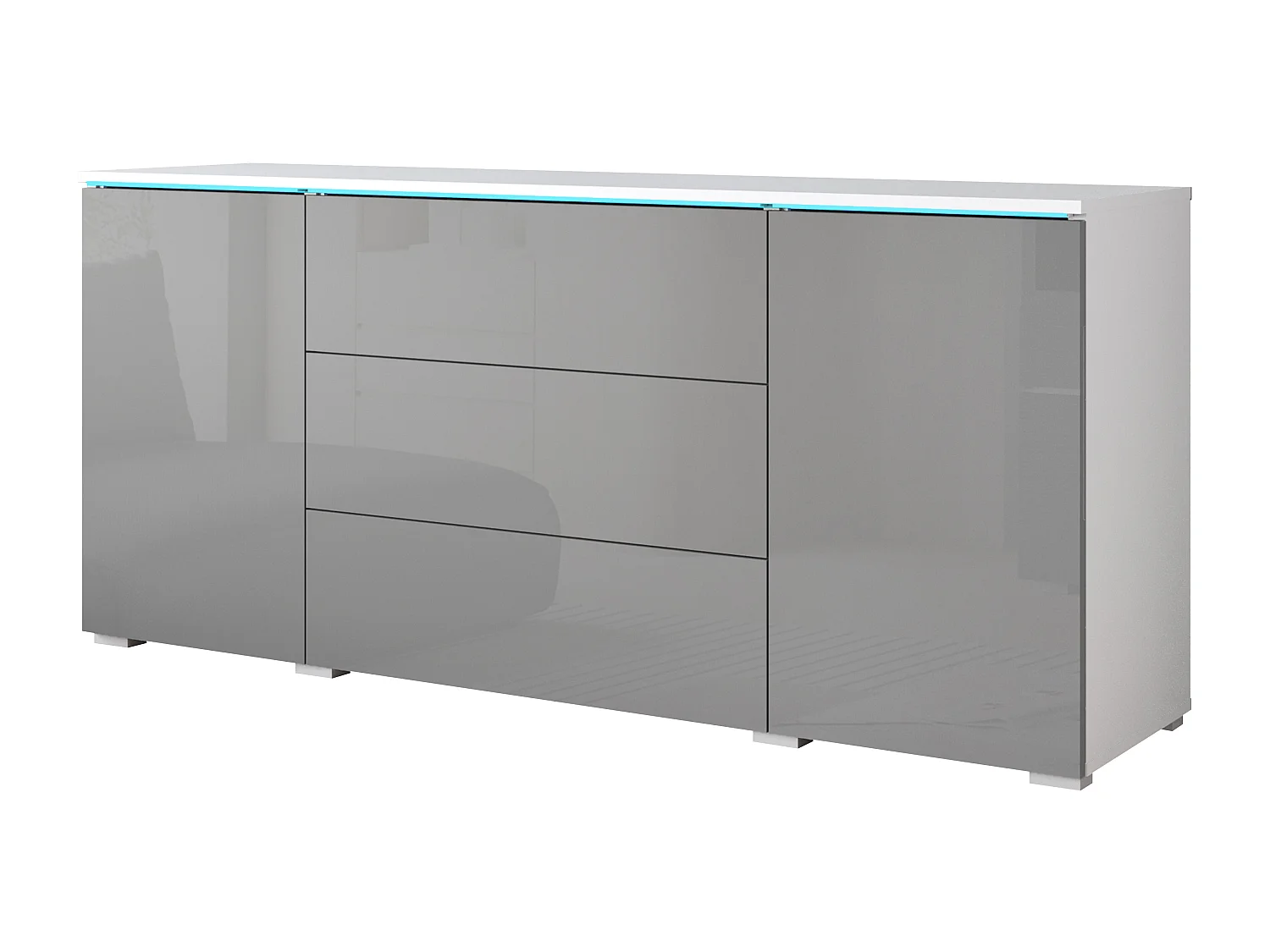 Modern dressoir 150 cm voor woonkamer 3 lades en 2 kastjes corpus wit mat en fronten grijs hoogglans