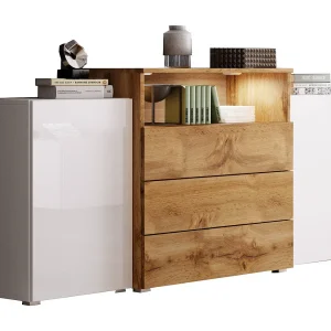 Dressoir 150 cm voor woonkamer met LED – modern staand met 3 lades, corpus eiken wotan, fronten wit hoogglans, eiken wotan Dressoir 150 cm voor woonkamer met LED – modern staand met 3 lades, corpus eiken wotan, fronten wit hoogglans, eiken wotan