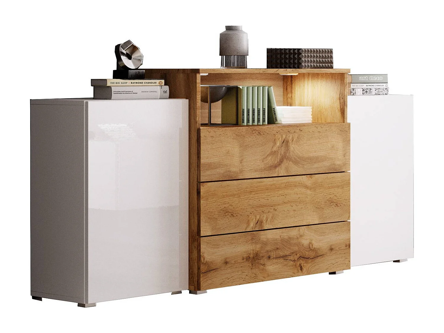 Dressoir 150 cm voor woonkamer met LED – modern staand met 3 lades, corpus eiken wotan, fronten wit hoogglans, eiken wotan