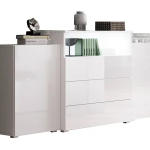 Dressoir 150 cm voor woonkamer met LED – modern staand met 3 lades, corpus wit mat, fronten wit hoogglans Dressoir 150 cm voor woonkamer met LED – modern staand met 3 lades, corpus wit mat, fronten wit hoogglans