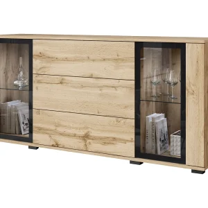 Dressoir 150 cm voor woonkamer – moderne vitrinekast met glas + laden, corpus eiken wotan, fronten wit hoogglans Dressoir 150 cm voor woonkamer – moderne vitrinekast met glas + laden, corpus eiken wotan, fronten wit hoogglans
