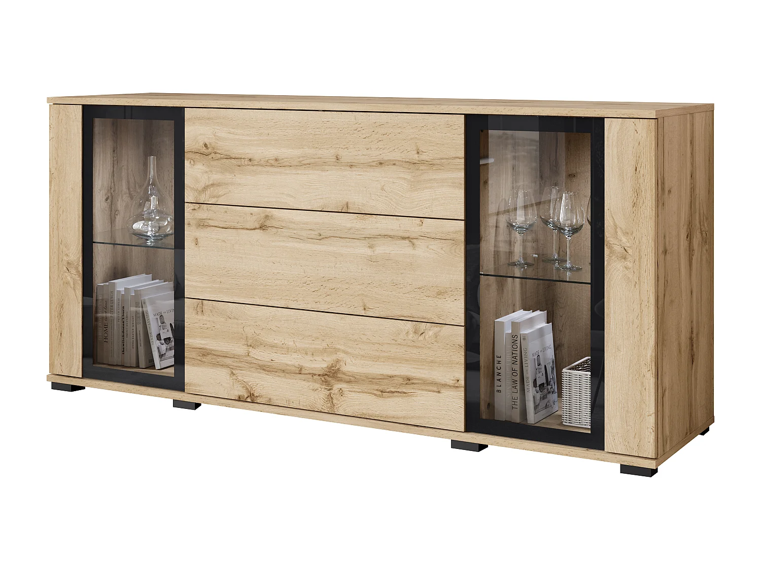 Dressoir 150 cm voor woonkamer – moderne vitrinekast met glas + laden, corpus eiken wotan, fronten wit hoogglans