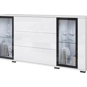 Dressoir 150 cm voor woonkamer – moderne vitrinekast met glas + laden, corpus wit mat, fronten wit hoogglans Dressoir 150 cm voor woonkamer – moderne vitrinekast met glas + laden, corpus wit mat, fronten wit hoogglans