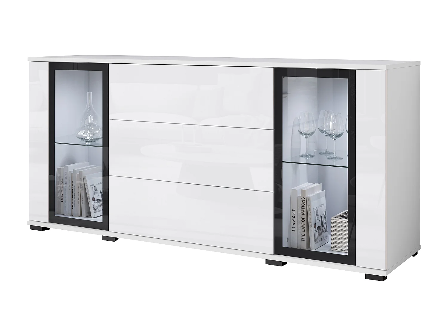 Dressoir 150 cm voor woonkamer – moderne vitrinekast met glas + laden, corpus wit mat, fronten wit hoogglans