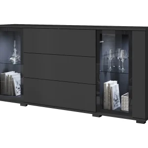 Dressoir 150 cm voor woonkamer met LED – moderne vitrinekast met glas + laden, zwart mat Dressoir 150 cm voor woonkamer met LED – moderne vitrinekast met glas + laden, zwart mat
