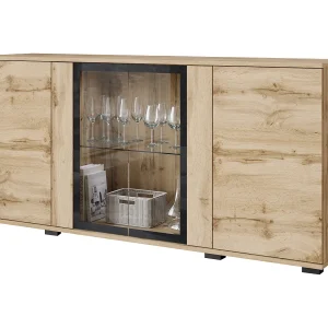 Dressoir 150 cm voor woonkamer – moderne vitrinekast met glas, mat wotan Dressoir 150 cm voor woonkamer – moderne vitrinekast met glas, mat wotan