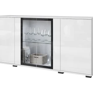 Dressoir 150 cm met LED voor woonkamer – moderne vitrinekast met glas, romp wit mat fronten wit hoogglans Dressoir 150 cm met LED voor woonkamer – moderne vitrinekast met glas, romp wit mat fronten wit hoogglans