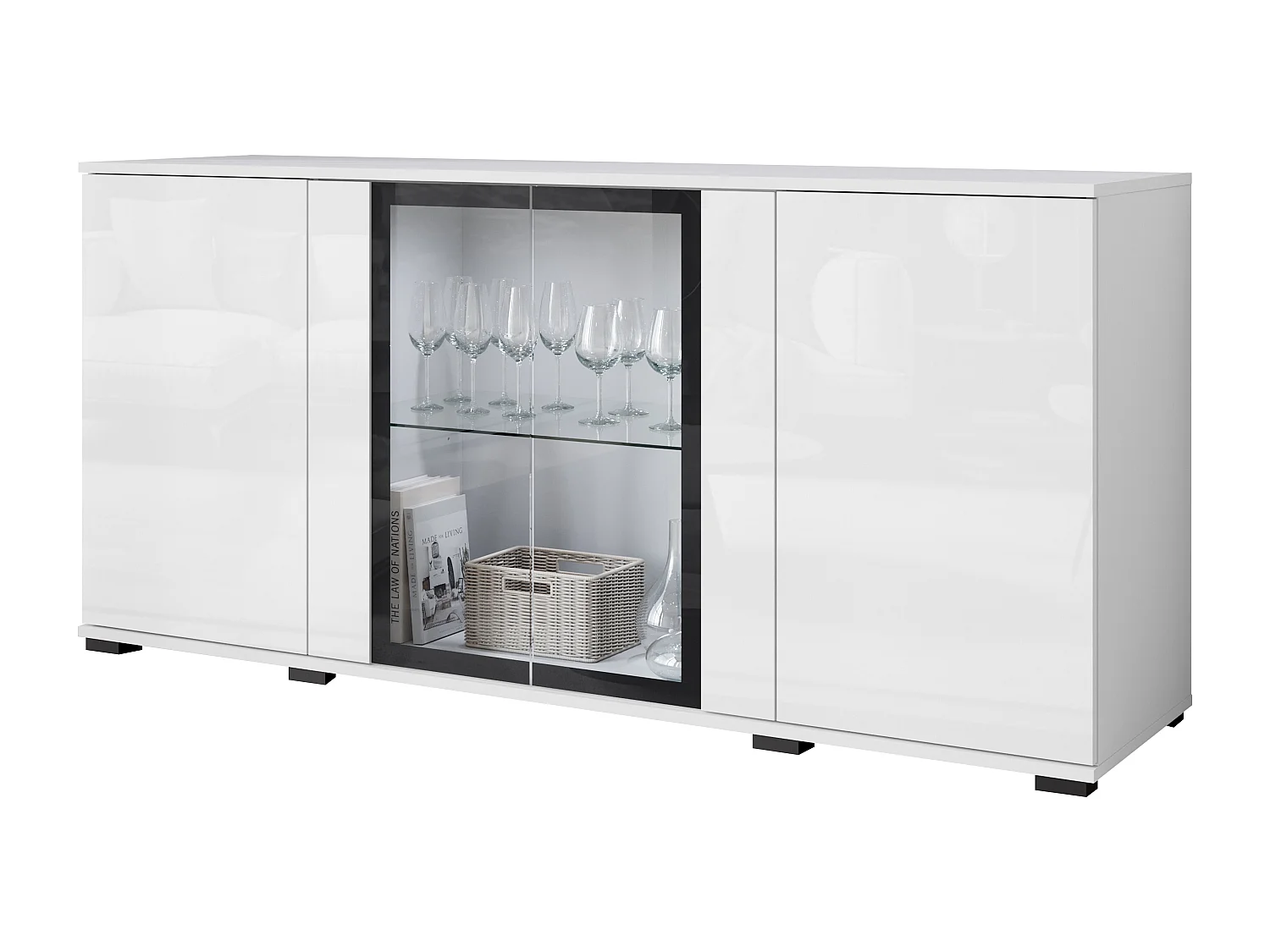 Dressoir 150 cm met LED voor woonkamer – moderne vitrinekast met glas, romp wit mat fronten wit hoogglans