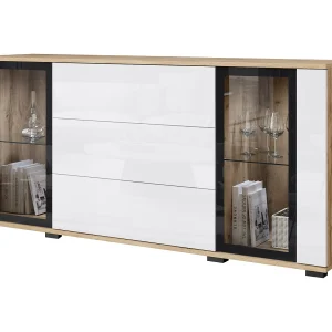 Dressoir 150 cm voor woonkamer met LED – moderne vitrinekast met glas + laden, eiken wotan Dressoir 150 cm voor woonkamer met LED – moderne vitrinekast met glas + laden, eiken wotan