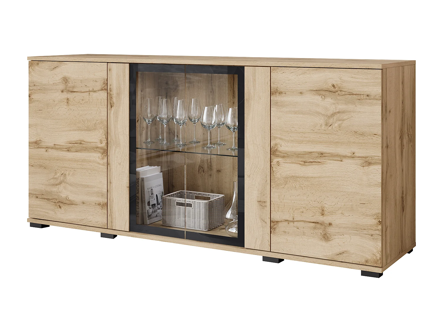 Dressoir 150 cm met LED voor woonkamer – moderne vitrinekast met glas, eiken wotan