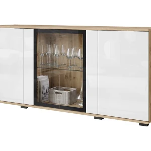 Dressoir 150 cm met LED voor woonkamer – moderne vitrinekast met glas, romp eiken wotan fronten wit hoogglans Dressoir 150 cm met LED voor woonkamer – moderne vitrinekast met glas, romp eiken wotan fronten wit hoogglans