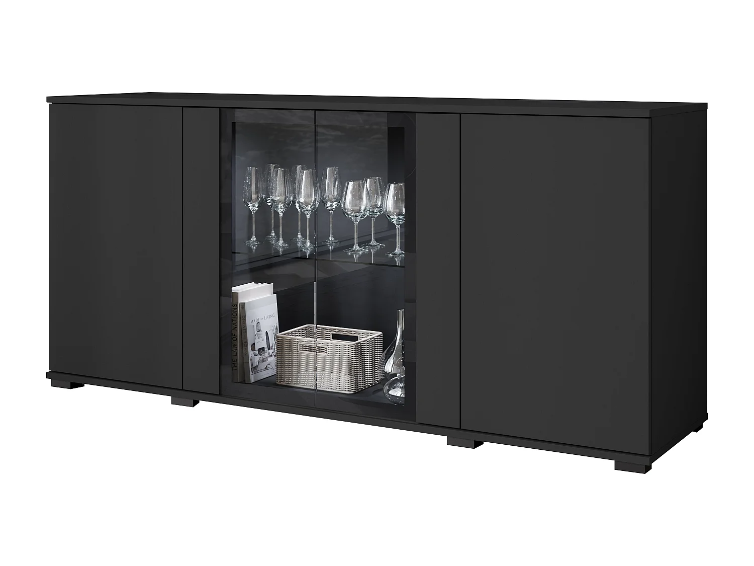 Dressoir 150 cm met LED voor woonkamer – moderne vitrinekast met glas, zwart mat