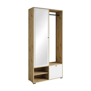 Moderne garderobekast 90 cm hal kast met spiegel planken en roede mat artisan wit Moderne garderobekast 90 cm hal kast met spiegel planken en roede mat artisan wit