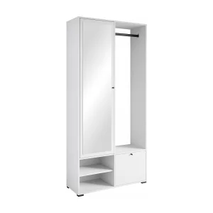 Moderne garderobekast 90 cm hal kast met spiegel planken en roede mat wit Moderne garderobekast 90 cm hal kast met spiegel planken en roede mat wit