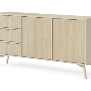Dressoir 150 cm Wood – Commode met 3 lades, modern, boho-stijl, Beige Dressoir 150 cm Wood – Commode met 3 lades, modern, boho-stijl, Beige