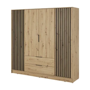Draaideurkast 200 cm Fioro – kast met lamellen, 2 lades – Artisan eiken Draaideurkast 200 cm Fioro – kast met lamellen, 2 lades – Artisan eiken