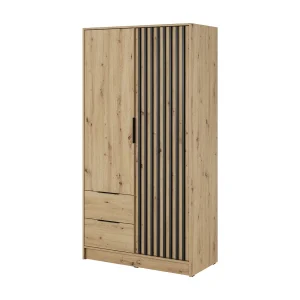 Draaideurkast 100 cm Fioro – tweedelige kast met lamellen, 2 lades – Artisan eiken Draaideurkast 100 cm Fioro – tweedelige kast met lamellen, 2 lades – Artisan eiken