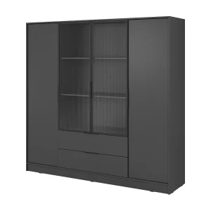 Draaideurkast 200 cm Kalma 4DRM – kast met geribbeld glas, lades, 4 deuren – grafiet Draaideurkast 200 cm Kalma 4DRM – kast met geribbeld glas, lades, 4 deuren – grafiet