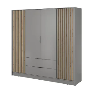Draaideurkast 200 cm Fioro – kast met lamellen, 2 lades – grijs Draaideurkast 200 cm Fioro – kast met lamellen, 2 lades – grijs