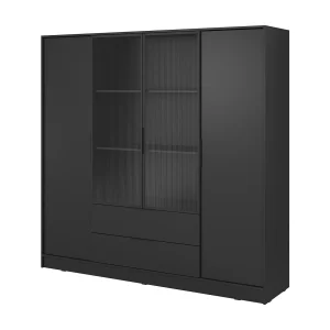 Draaideurkast 200 cm Kalma 4DRM – kast met geribbeld glas, lades, 4 deuren – zwart Draaideurkast 200 cm Kalma 4DRM – kast met geribbeld glas, lades, 4 deuren – zwart