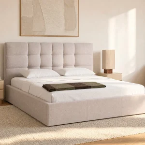 Bed met opbergruimte 200 x 200 cm in beige stof + matras – ELIAVA van Pascal Morabito Bed met opbergruimte 200 x 200 cm in beige stof + matras – ELIAVA van Pascal Morabito