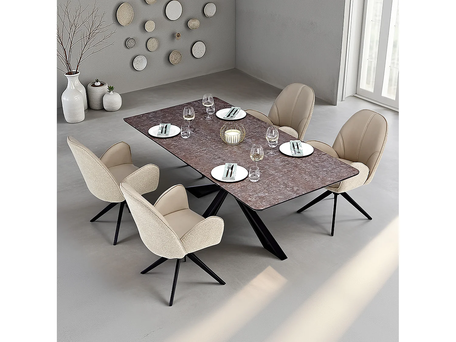 Eettafel 200x100 cm Bruin Zwart Industrieel Uitstraling met 4 Stoelen Beige