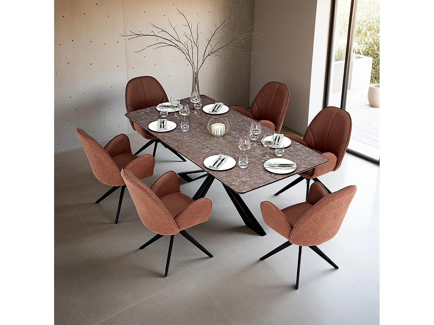 Eettafel 200x100 cm Bruin Zwart met 6 Leren Stoelen Industrieel Design