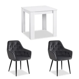 Eettafel 80x80x75 cm wit met 2 grijze fluwelen ei-stoelen