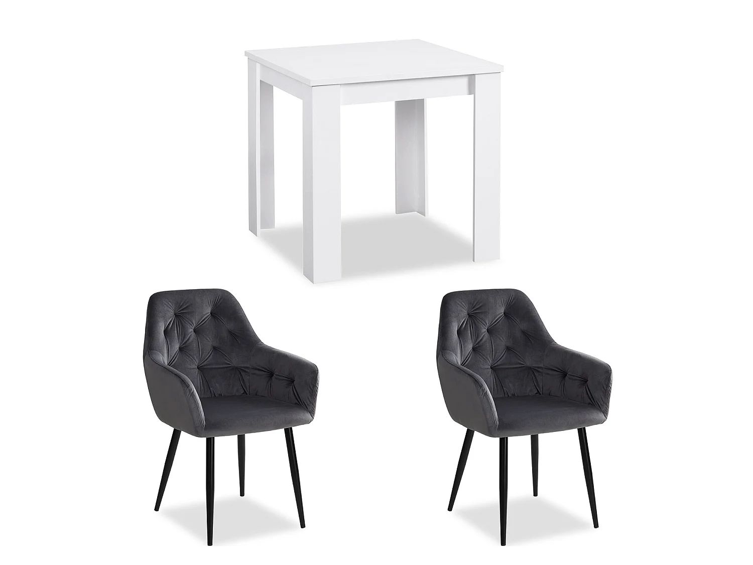 Eettafel 80x80x75 cm wit met 2 grijze fluwelen ei-stoelen