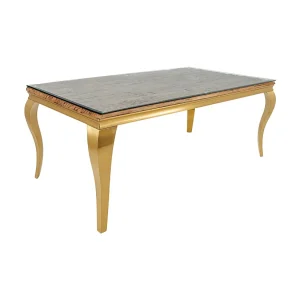 Eettafel VELENA – Rechthoekig 200 cm – Teakhout, glas en goudkleurig staal – Barokke chic stijl Eettafel VELENA – Rechthoekig 200 cm – Teakhout, glas en goudkleurig staal – Barokke chic stijl