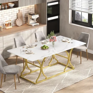 Eettafel voor 8-10 personen – 200 x 80 x 76 cm – marmerlook – gouden metalen poten – MDF – wit + goud Eettafel voor 8-10 personen – 200 x 80 x 76 cm – marmerlook – gouden metalen poten – MDF – wit + goud