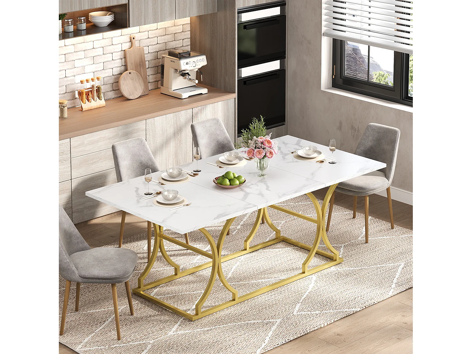 Eettafel voor 8-10 personen - 200 x 80 x 76 cm - marmerlook - gouden metalen poten - MDF - wit + goud