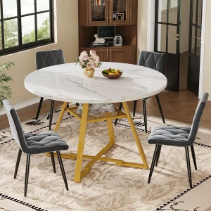 Eettafelset (5 stuks) – tafel 120 x 120 x 75 cm + 4 fluwelen stoelen – MDF + metaal – wit Eettafelset (5 stuks) – tafel 120 x 120 x 75 cm + 4 fluwelen stoelen – MDF + metaal – wit