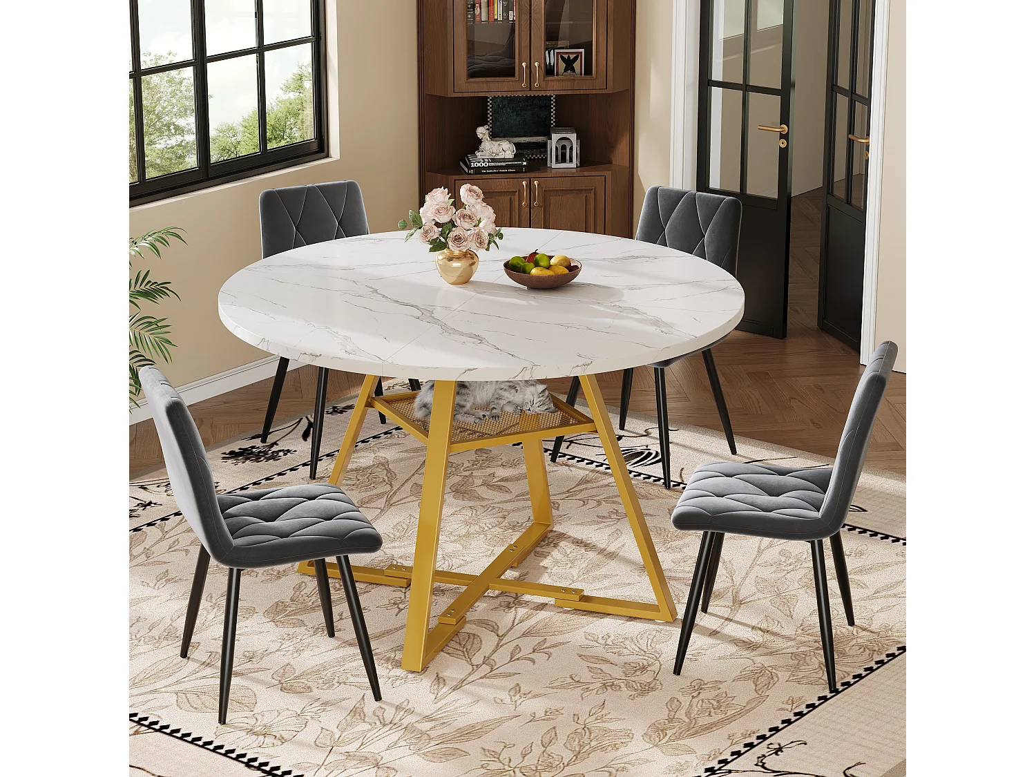 Eettafelset (5 stuks) - tafel 120 x 120 x 75 cm + 4 fluwelen stoelen - MDF + metaal - wit