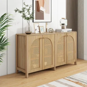 Dressoir met 4 rotandeuren – 145 x 40 x 80 cm – met verstelbare planken – natuurlijke kleur Dressoir met 4 rotandeuren – 145 x 40 x 80 cm – met verstelbare planken – natuurlijke kleur