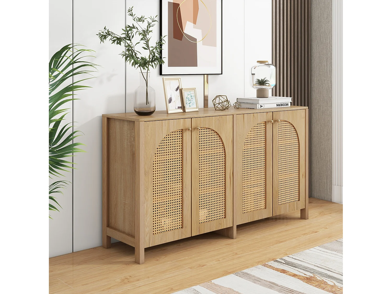Dressoir met 4 rotandeuren - 145 x 40 x 80 cm - met verstelbare planken - natuurlijke kleur