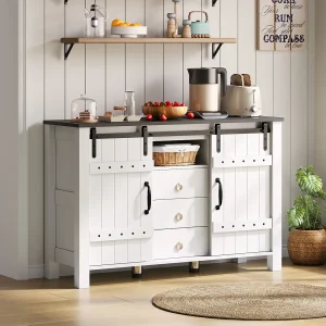 Dressoir met opbergruimte, lengte 120 cm, met 2 deuren en 3 lades, geschikt voor keuken, wit