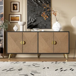 Dressoir, met 4 deuren, geborstelde gouden handgrepen en glanzende tafelpoten, zwart
