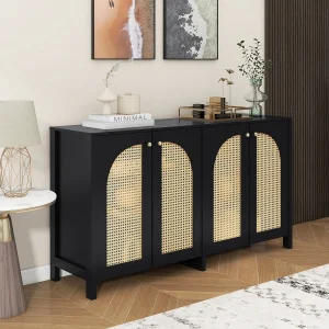 Dressoir met 4 rotandeuren – 145 x 40 x 80 cm – met verstelbare planken – Zwart Dressoir met 4 rotandeuren – 145 x 40 x 80 cm – met verstelbare planken – Zwart