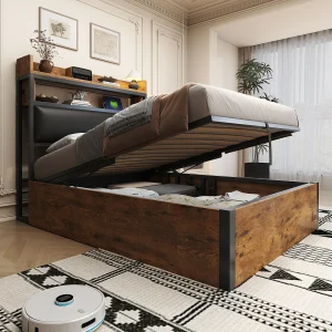 Eenpersoonsbed 90×200 cm van metaal en hout, zwart, met hydraulische opbergruimte en USB Eenpersoonsbed 90×200 cm van metaal en hout, zwart, met hydraulische opbergruimte en USB