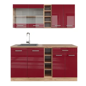 Eenpersoonskeuken rood hoogglans/gouden eik 160x60x81.6 r-line Eenpersoonskeuken rood hoogglans/gouden eik 160x60x81.6 r-line